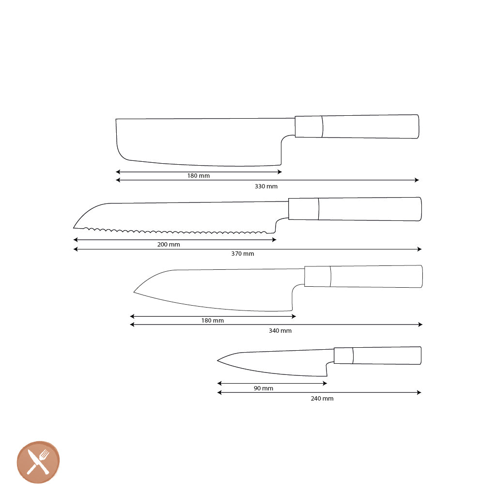 Couteaux Shinrai - Ensemble de couteaux Damas 4 pièces Takumi Kaza - Santoku + Couteau à pain + Nakiri + Couteau d&#39;office