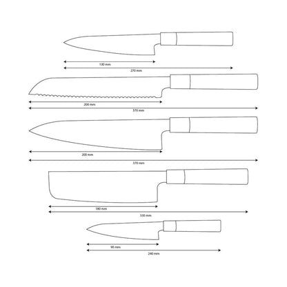 Shinrai Knives - Takumi Kaza 5-Piece Damascus Knife Set - Chef's Knife + Bread Knife + Nakiri + Paring Knife + Paring Knife