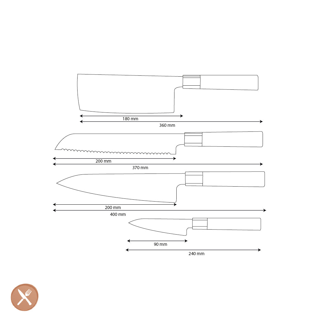 Shinrai Knives - Kurayami 4-Piece Damascus Knife Set - Chef's Knife + Bread Knife + Nakiri + Paring Knife