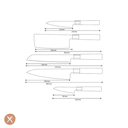 Shinrai Knives - Kurayami 5-Piece Damascus Knife Set - Chef's Knife + Bread Knife + Nakiri + Office Knife + Paring Knife
