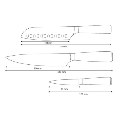 Couteaux Shinrai - Ensemble de 3 couteaux imprimés Damas - Couteau de chef + Santoku + Couteau d'office