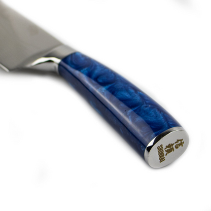 Epoxy Sapphire Damascus Print 6-piece Knife Set + Acacia holder double-sided