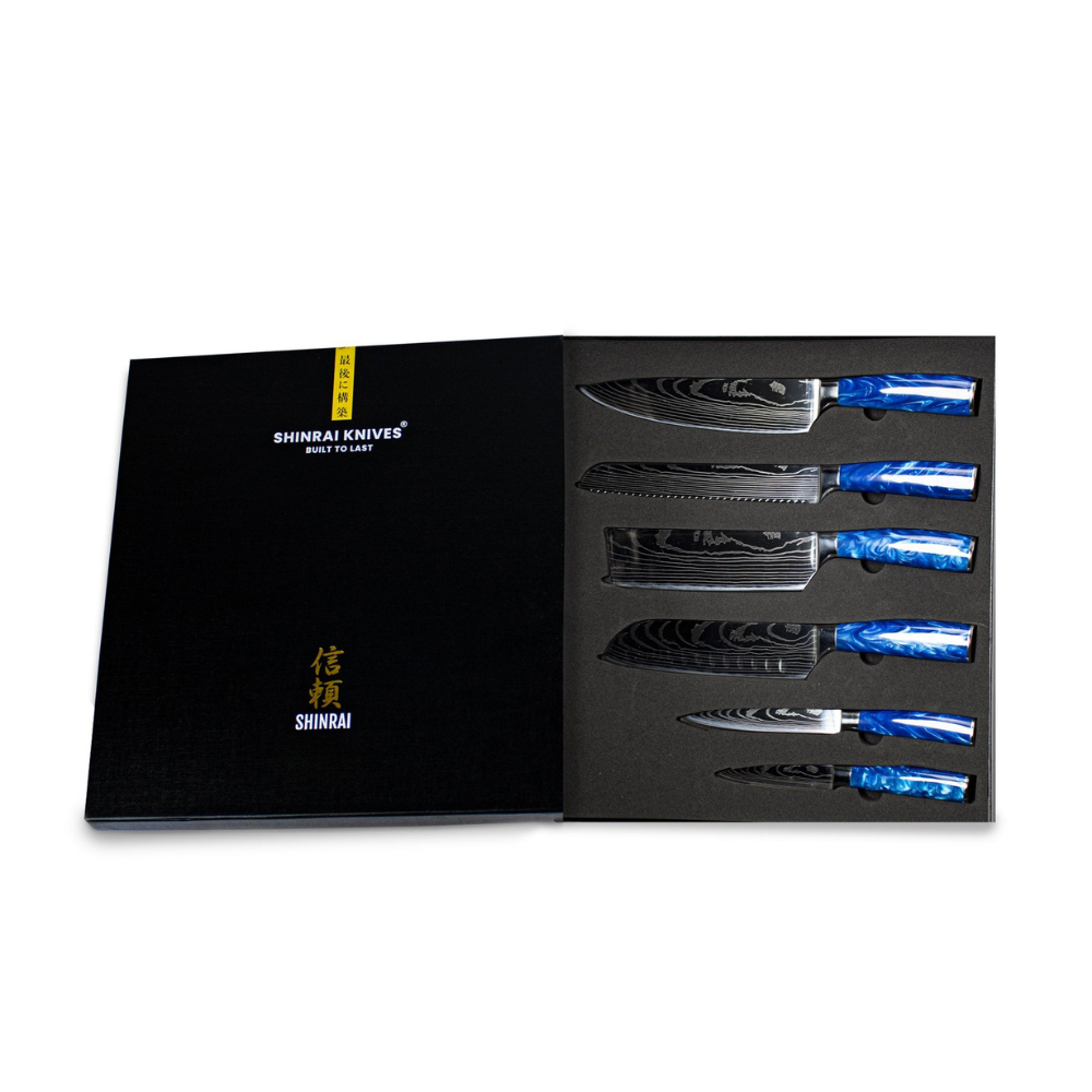 Epoxy Sapphire Damascus Print 6-piece Knife Set + Acacia holder double-sided