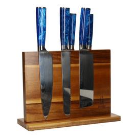 Epoxy Sapphire Damascus Print 6-piece Knife Set + Acacia holder double-sided