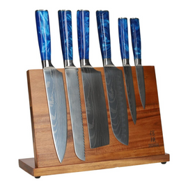 Epoxy Sapphire Damascus Print 6-Piece Knife Set + Acacia holder single-sided