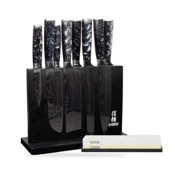 Shinrai Knives - Damascus Print Onyx 9-Piece Knife Set + Knife Block + Sharpening Stone