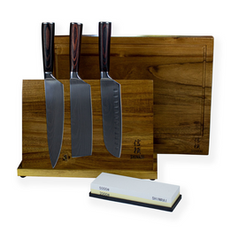 Shinrai Japan - Ensemble de couteaux 3 pièces imprimé damassé + pierre à aiguiser + bloc à couteaux magnétique + planche à découper