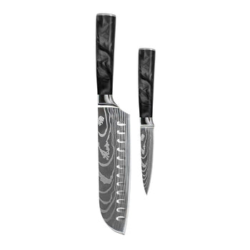 Couteaux Shinrai - Coffret de 2 couteaux en époxy onyx à motif damassé - Santoku + couteau d'office