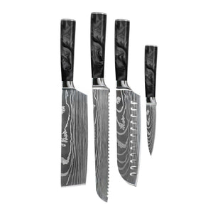 Shinrai Knives - Damascus Print Epoxy Onyx 4-delige Messenset - Santoku + Broodmes + Nakiri + Schilmes Messenset Shinrai Knives 