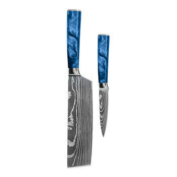 Couteaux Shinrai - Coffret de 2 couteaux en résine époxy saphir à motif damassé - Nakiri + couteau d'office