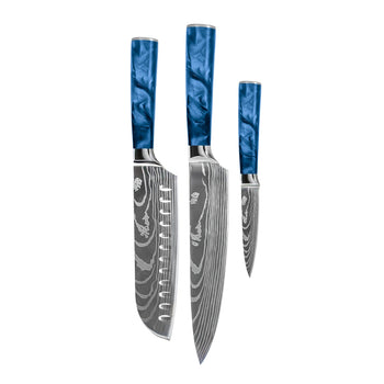 Couteaux Shinrai - Coffret de 3 couteaux en résine époxy saphir à motif damassé - Couteau de chef + Santoku + Couteau d'office