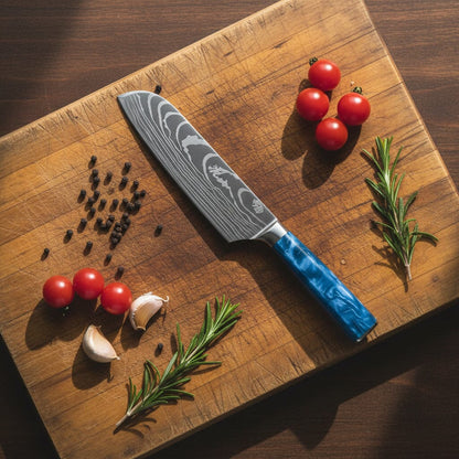 Shinrai Knives - Damascus Print Epoxy Sapphire 5-delige Messenset - Koksmes + Broodmes + Nakiri + Kleine Santoku + Schilmes Messenset Shinrai Knives 