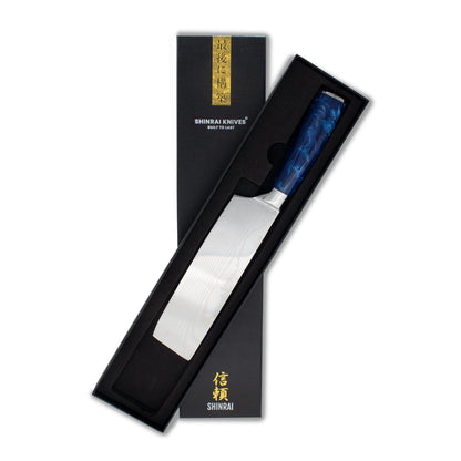 Shinrai Knives - Damascus Print Epoxy Sapphire Nakiri mes 18 cm Nakirimes Shinrai Knives 