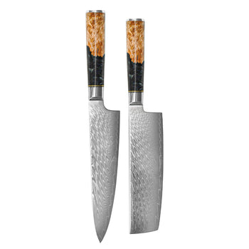 Couteaux Shinrai - Coffret de 2 couteaux damassés en onyx époxy - Couteau de chef + couteau nakiri