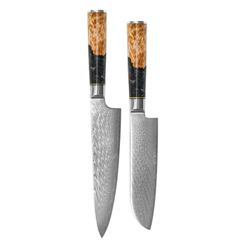 Couteaux Shinrai - Coffret de 2 couteaux en acier damassé époxy onyx - Couteau de chef + couteau Santoku