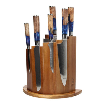 Couteaux Shinrai - Coffret de 6 couteaux damassés en époxy saphir + bloc magnétique ; Couteaux Scalae - Coffret de couteaux en bois d'acacia avec bloc ; Couteaux Shinrai