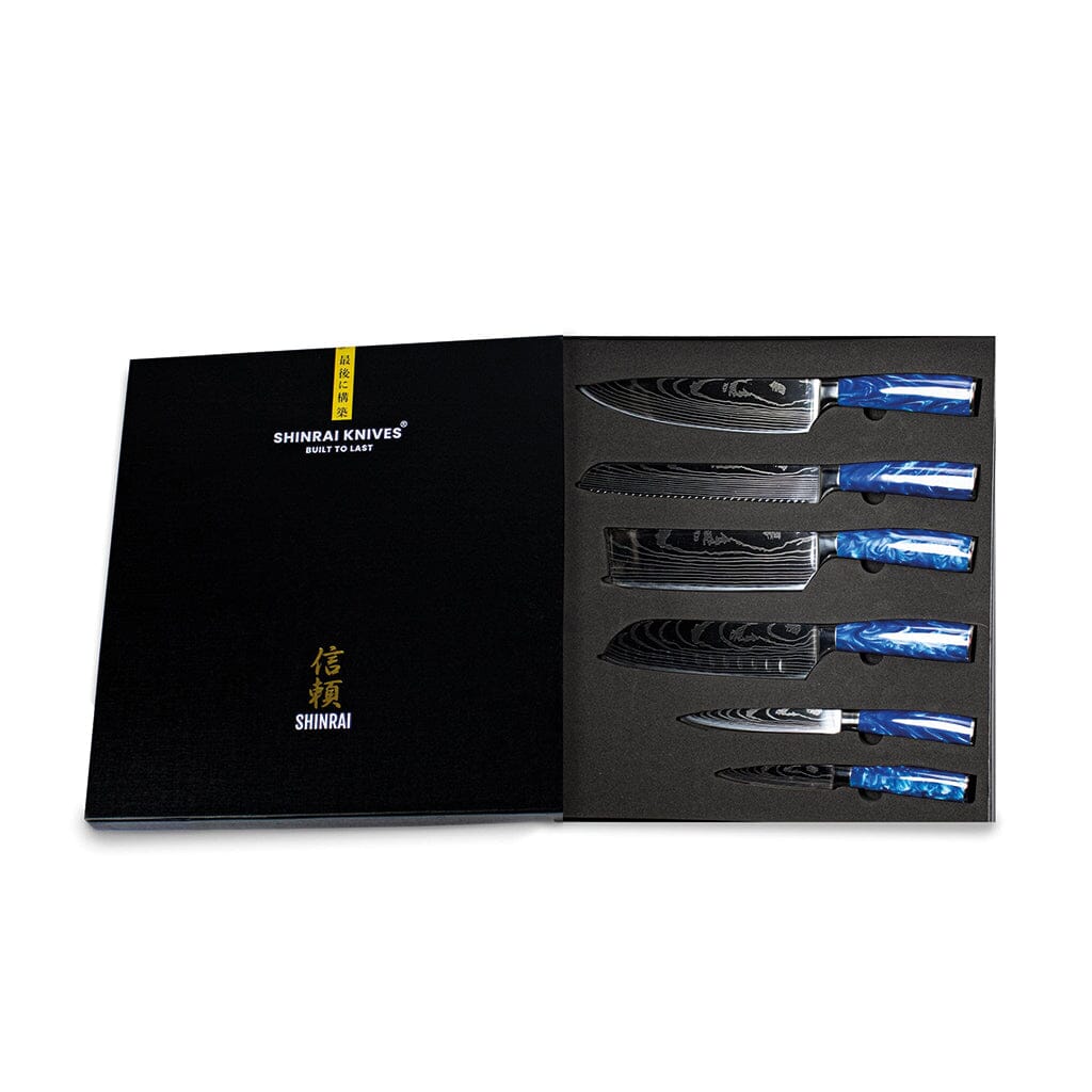 Shinrai Knives - Epoxy Sapphire Damascus Print 6-delige Messenset + Magnetisch Messenblok Scalae - Acacia hout Messenset met blok Shinrai Knives 