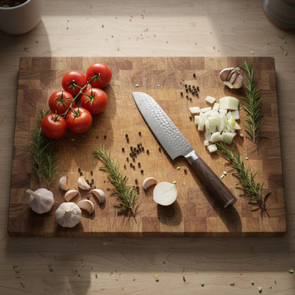 Shinrai Knives - Hammered Damast BR 2-delige Messenset - Koksmes + Santoku mes Messenset Shinrai Knives 