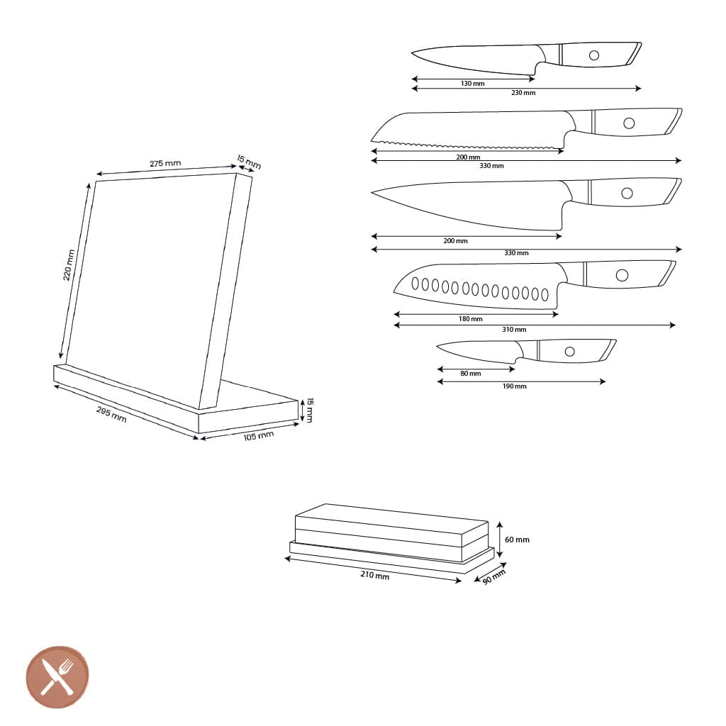 Couteaux Shinrai - Coffret de 5 couteaux Hikari Damas + Bloc à couteaux + Pierre à aiguiser
