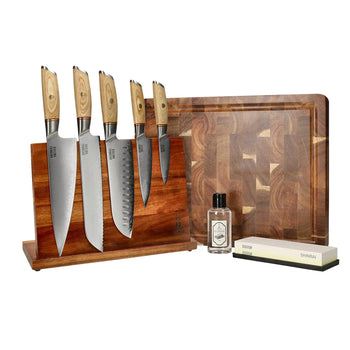 Shinrai Knives - Hikari Damascus Mega Bundel - All you need Messenset met blok, snijplank en slijpsteen Shinrai Knives 