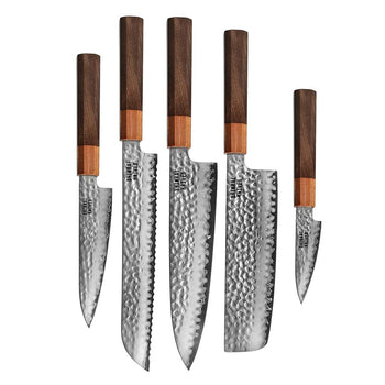 Shinrai Knives - Kigami Exclusive Damascus 5-delige set - Koksmes + Broodmes + Nakiri + Officemes + Schilmes Messenset Shinrai Knives 