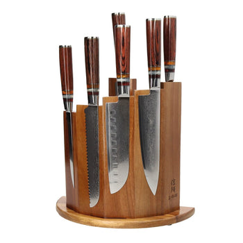 Shinrai Knives - Micarta Jewels 7-delige Damascus Messenset + Magnetisch Messenblok Scalae - Acacia hout Messenset met blok Shinrai Knives 