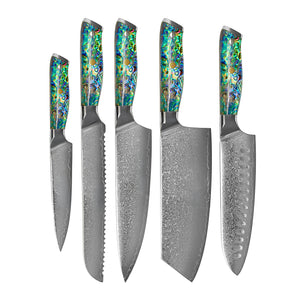 Couteaux Shinrai - Coffret de 5 couteaux « Bijoux en nacre » + bloc à couteaux - Couteaux Shinrai découpés à l'emporte-pièce